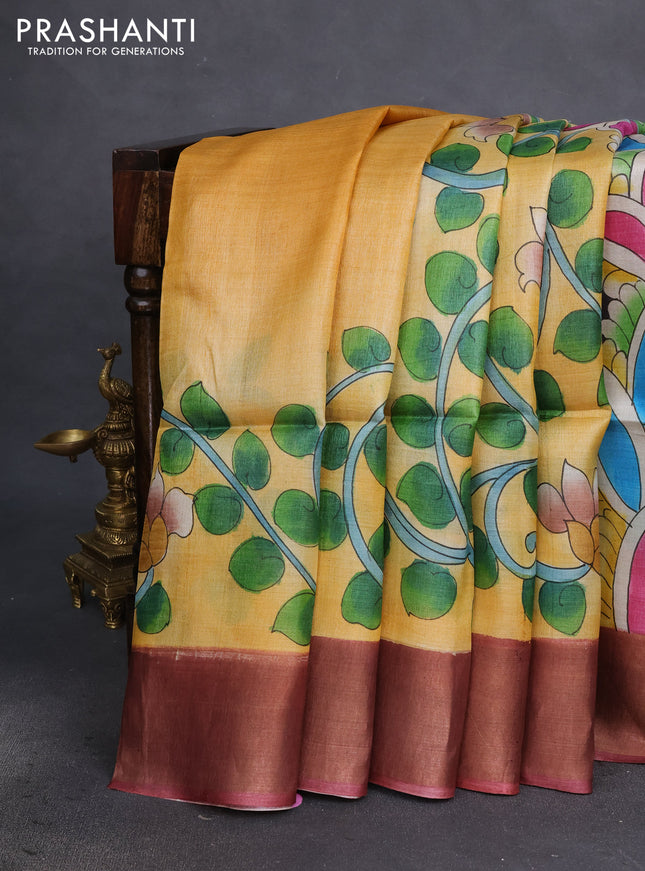 Pure tussar silk saree multicolour and blue yellow with allover kalamkari hand painted prints and zari woven border