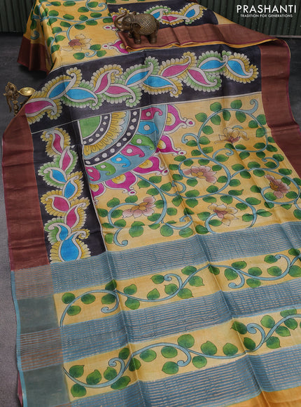 Pure tussar silk saree multicolour and blue yellow with allover kalamkari hand painted prints and zari woven border