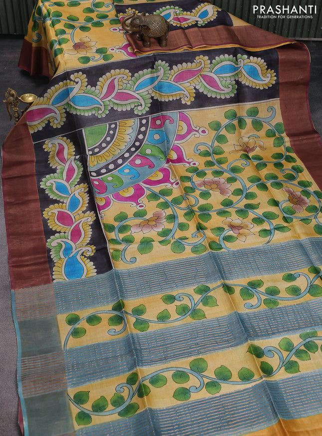Pure tussar silk saree multicolour and blue yellow with allover kalamkari hand painted prints and zari woven border