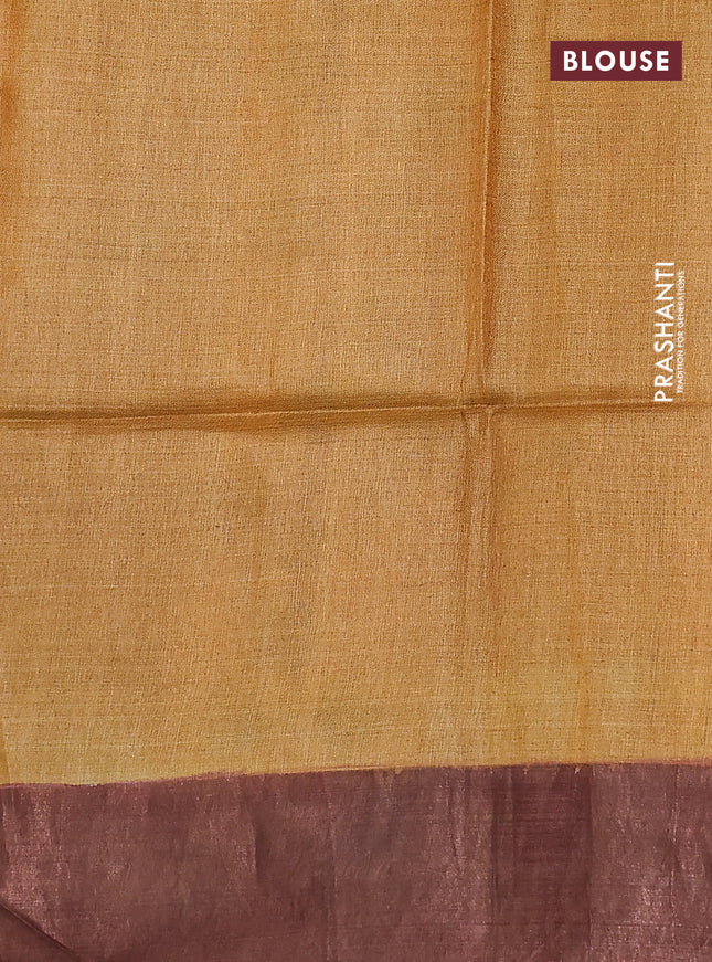 Pure tussar silk saree multicolour and blue yellow with allover kalamkari hand painted prints and zari woven border