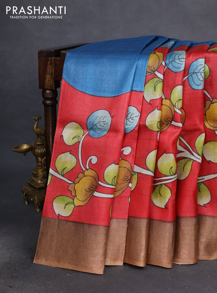 Pure tussar silk saree red and sandal with allover kalamkari hand painted prints and zari woven border