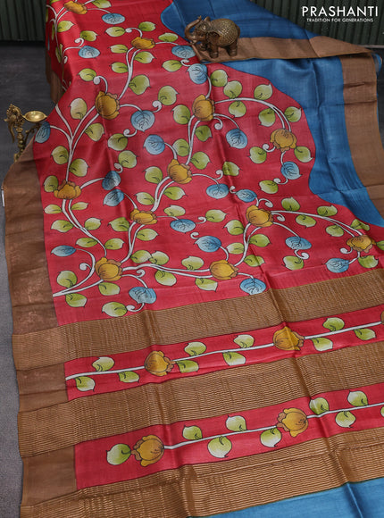 Pure tussar silk saree red and sandal with allover kalamkari hand painted prints and zari woven border