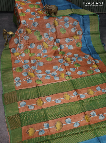 Pure tussar silk saree rust shade and green with allover kalamkari hand painted prints and zari woven border