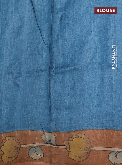 Pure tussar silk saree rust shade and green with allover kalamkari hand painted prints and zari woven border