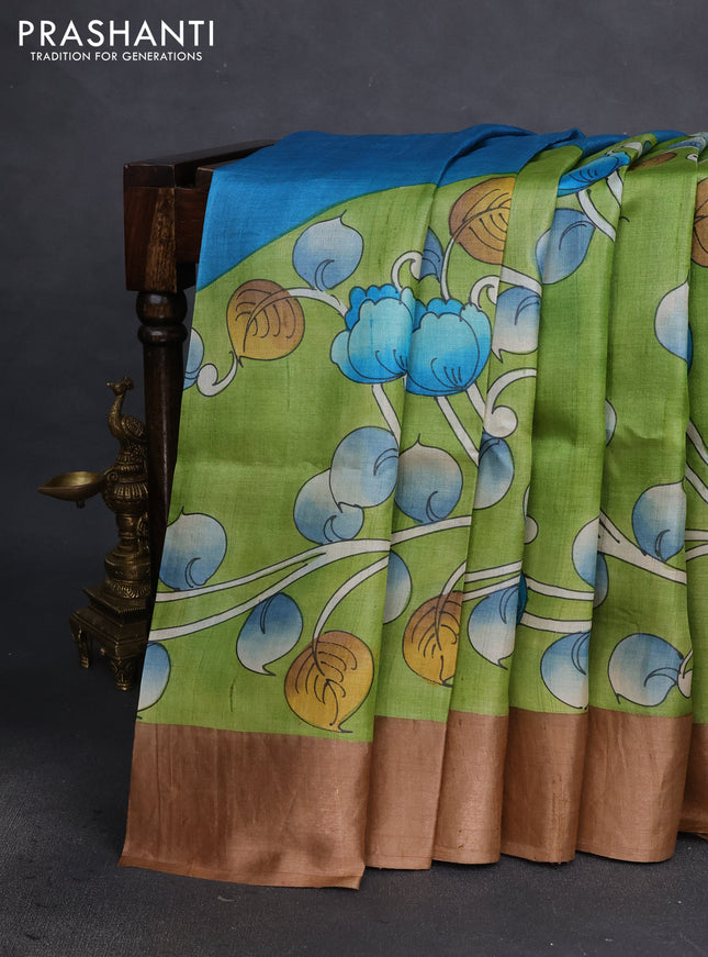 Pure tussar silk saree light green and sandal with allover kalamkari hand painted prints and zari woven border