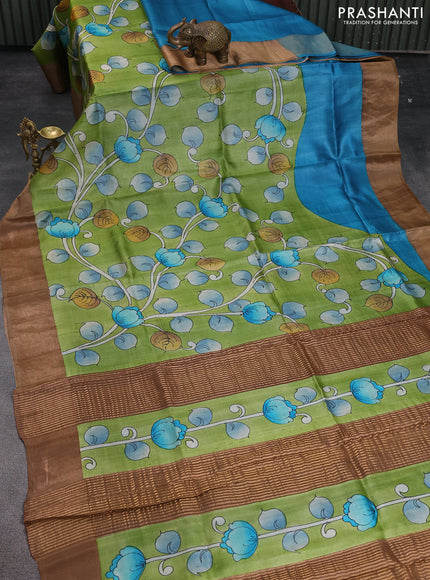 Pure tussar silk saree light green and sandal with allover kalamkari hand painted prints and zari woven border