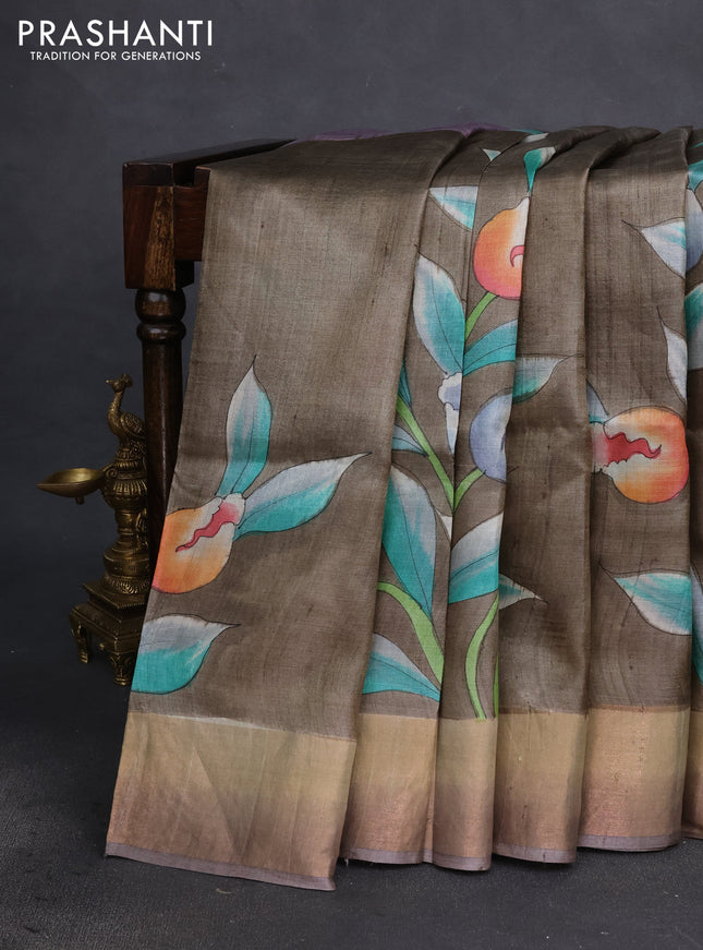 Pure tussar silk saree grey shade with allover floral hand painted prints and zari woven border