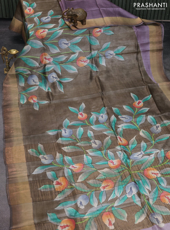 Pure tussar silk saree grey shade with allover floral hand painted prints and zari woven border