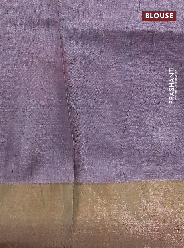 Pure tussar silk saree grey shade with allover floral hand painted prints and zari woven border