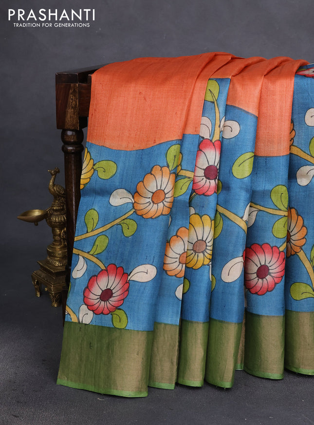 Pure tussar silk saree blue orange and red green with allover floral hand painted prints and zari woven border