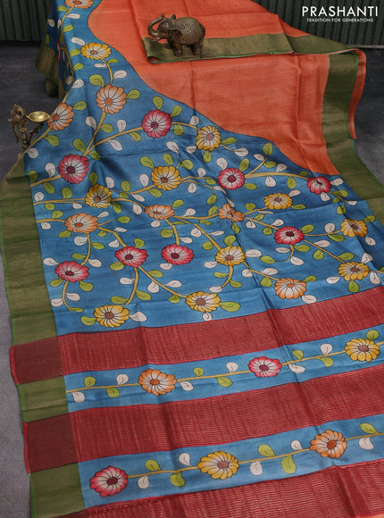 Pure tussar silk saree blue orange and red green with allover floral hand painted prints and zari woven border