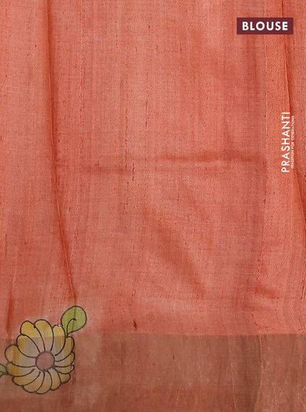 Pure tussar silk saree blue orange and red green with allover floral hand painted prints and zari woven border