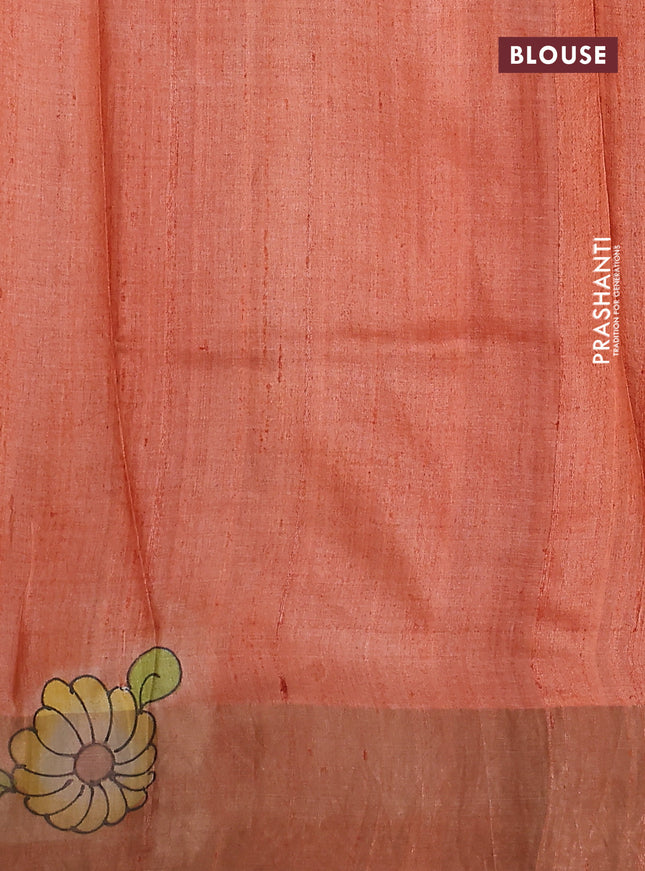 Pure tussar silk saree blue orange and red green with allover floral hand painted prints and zari woven border