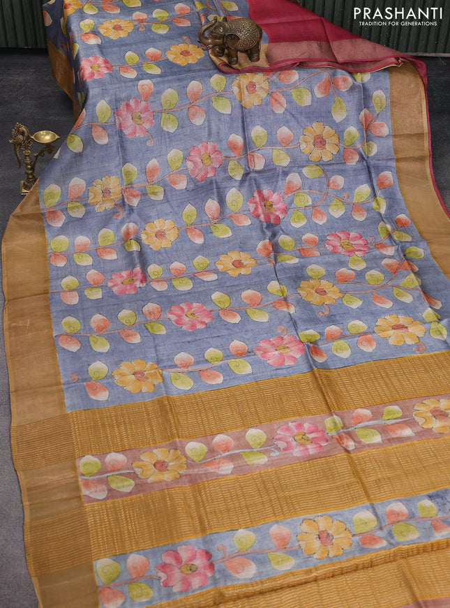 Pure tussar silk saree grey and mustard shade with allover floral hand painted prints and zari woven border