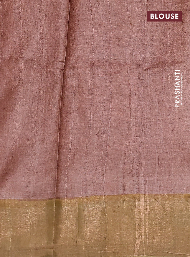 Pure tussar silk saree grey and mustard shade with allover floral hand painted prints and zari woven border