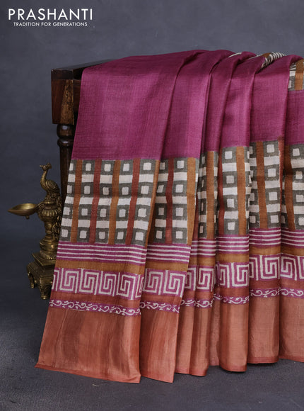 Pure tussar silk saree magenta pink shade and rust shade with allover geometric prints and zari woven border