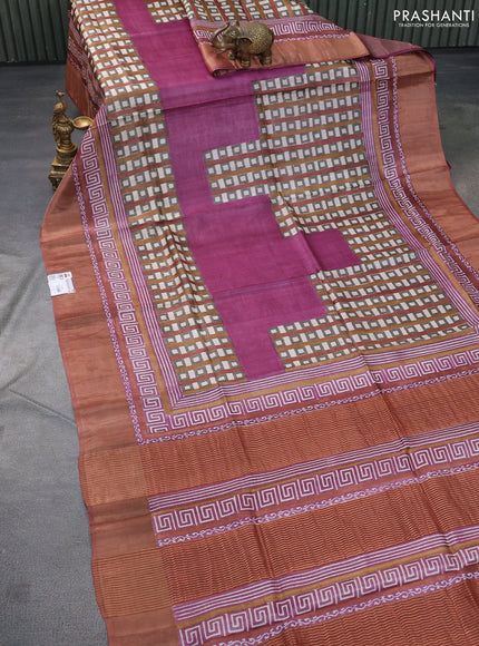 Pure tussar silk saree magenta pink shade and rust shade with allover geometric prints and zari woven border