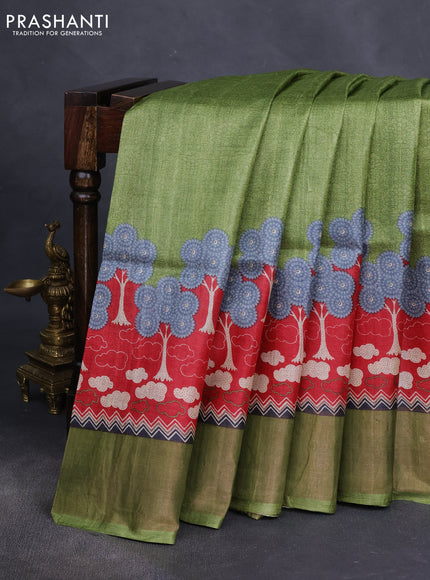 Pure tussar silk saree green and red with allover prints and zari woven border