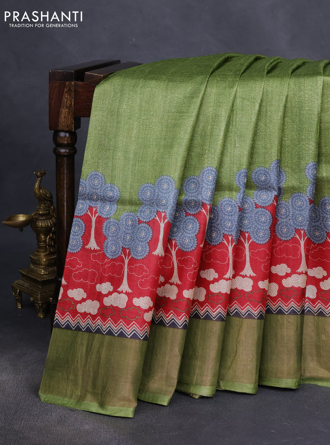 Pure tussar silk saree green and red with allover prints and zari woven border