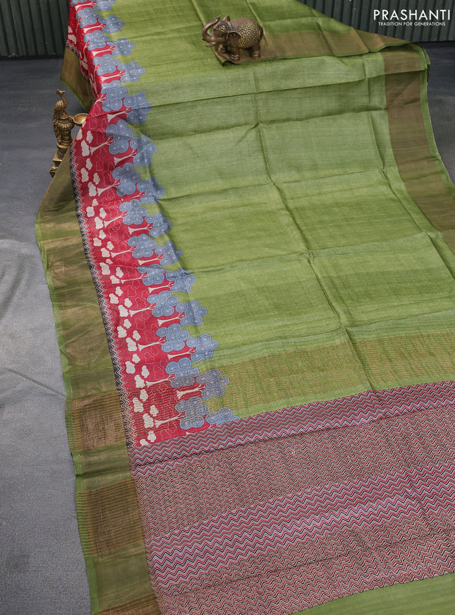 Pure tussar silk saree green and red with allover prints and zari woven border