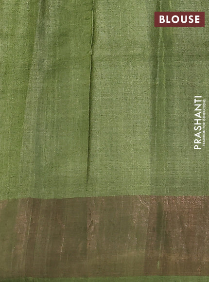 Pure tussar silk saree green and red with allover prints and zari woven border