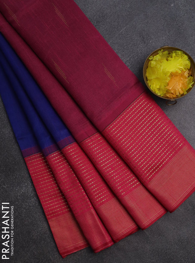 Semi dupion saree royal blue and pink with plain body and long zari woven border