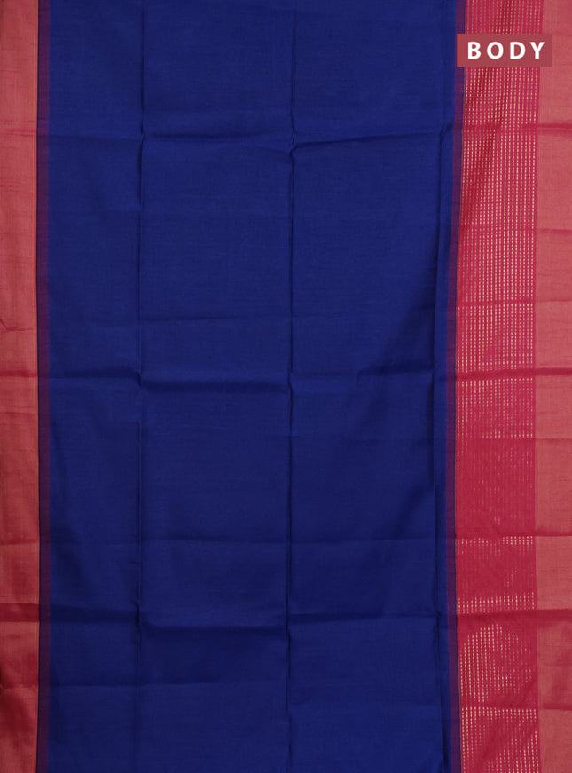 Semi dupion saree royal blue and pink with plain body and long zari woven border