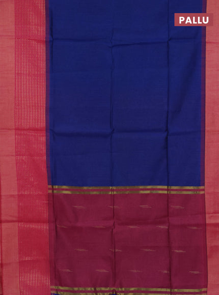 Semi dupion saree royal blue and pink with plain body and long zari woven border