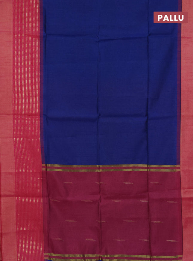 Semi dupion saree royal blue and pink with plain body and long zari woven border