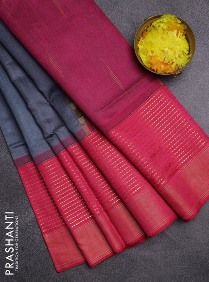 Semi dupion saree grey and pink with plain body and long zari woven border