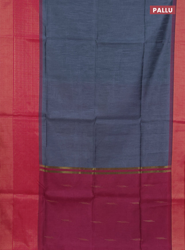 Semi dupion saree grey and pink with plain body and long zari woven border
