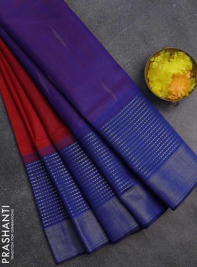 Semi dupion saree kumkum red and blue with plain body and long zari woven border