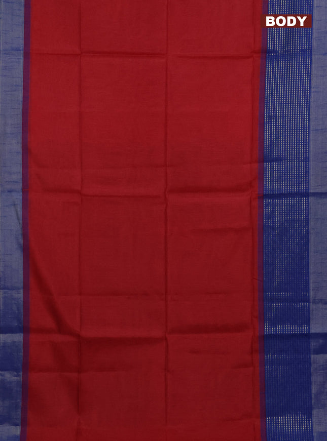 Semi dupion saree kumkum red and blue with plain body and long zari woven border