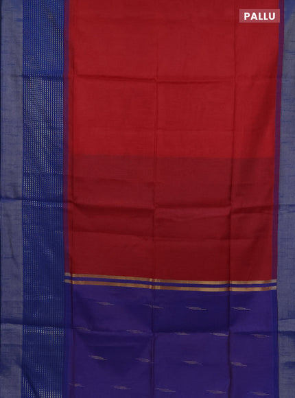 Semi dupion saree kumkum red and blue with plain body and long zari woven border