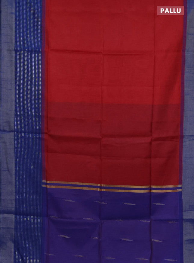 Semi dupion saree kumkum red and blue with plain body and long zari woven border