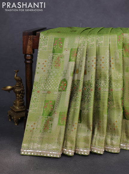 Banarasi silk saree light green with allover zari woven brocade weaves and embroidery sequin work border