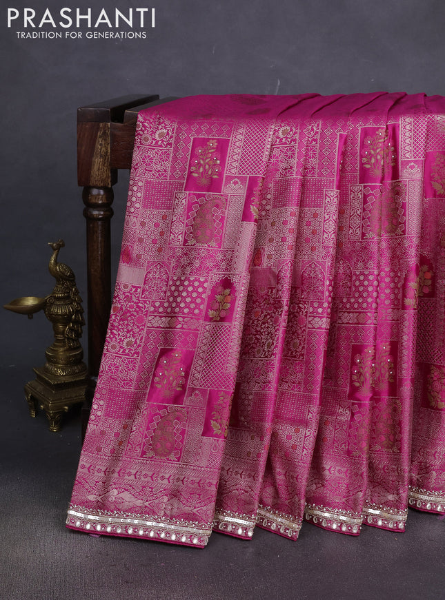 Banarasi silk saree pink with allover zari woven brocade weaves and embroidery sequin work border