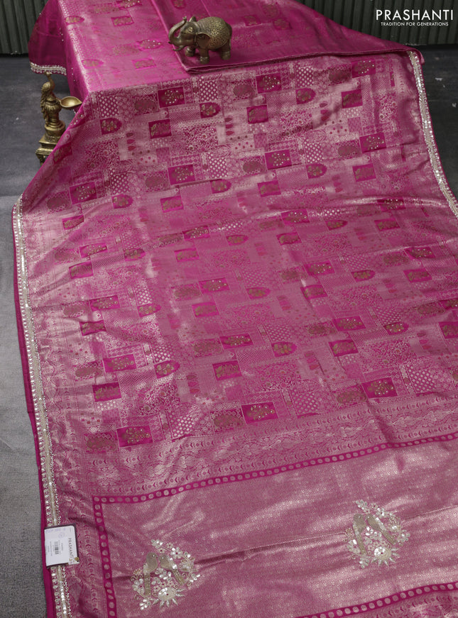 Banarasi silk saree pink with allover zari woven brocade weaves and embroidery sequin work border