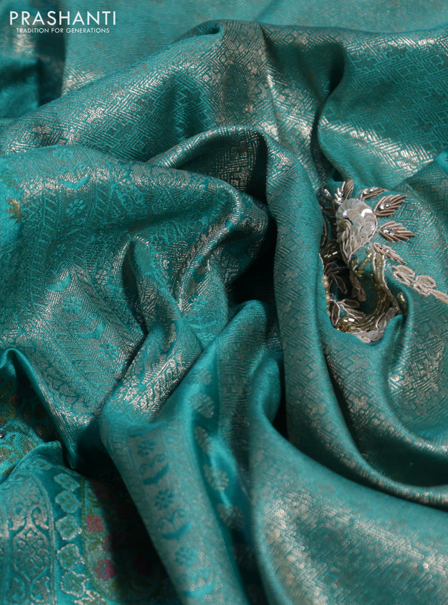 Banarasi silk saree teal blue with allover zari woven brocade weaves and embroidery sequin work border