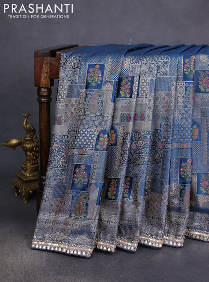 Banarasi silk saree dark peacock blue with allover zari woven brocade weaves and embroidery sequin work border