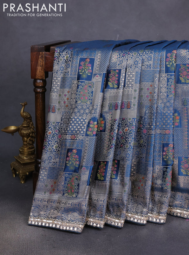 Banarasi silk saree dark peacock blue with allover zari woven brocade weaves and embroidery sequin work border