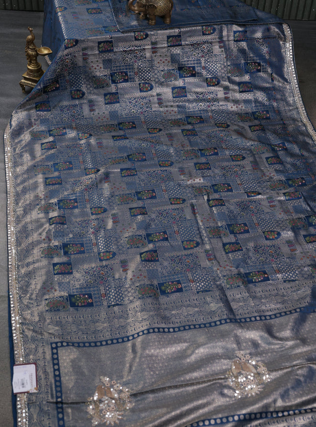 Banarasi silk saree dark peacock blue with allover zari woven brocade weaves and embroidery sequin work border