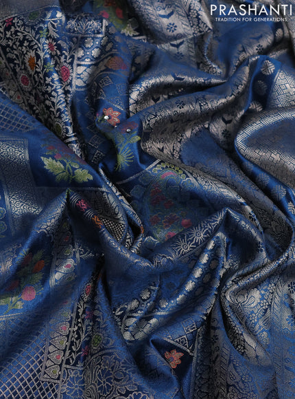 Banarasi silk saree dark peacock blue with allover zari woven brocade weaves and embroidery sequin work border