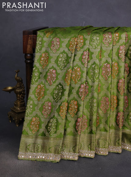 Banarasi silk saree mehendi green with allover zari woven brocade weaves and embroidery mirror work border