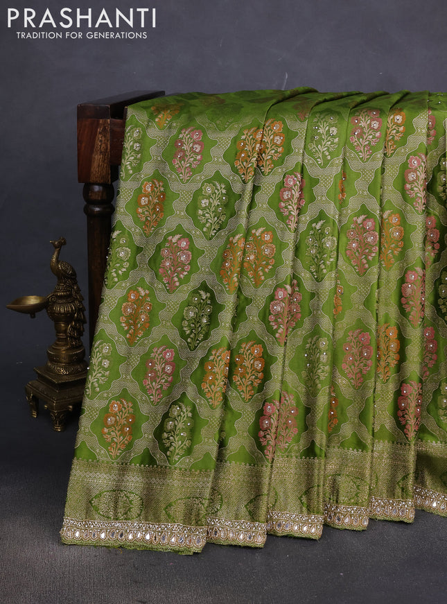 Banarasi silk saree mehendi green with allover zari woven brocade weaves and embroidery mirror work border
