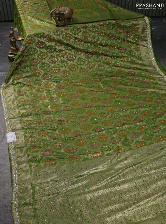 Banarasi silk saree mehendi green with allover zari woven brocade weaves and embroidery mirror work border