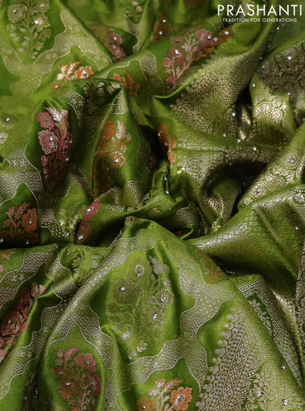 Banarasi silk saree mehendi green with allover zari woven brocade weaves and embroidery mirror work border