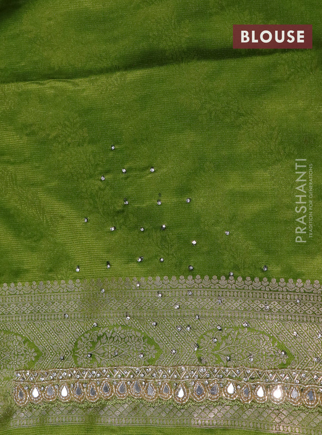 Banarasi silk saree mehendi green with allover zari woven brocade weaves and embroidery mirror work border