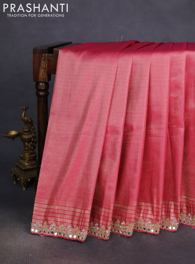 Banarasi silk saree pink with allover zari woven brocade weaves and embroidery mirror work border