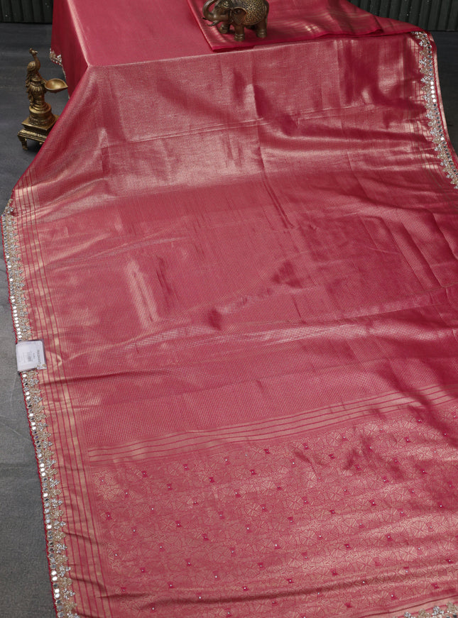 Banarasi silk saree pink with allover zari woven brocade weaves and embroidery mirror work border